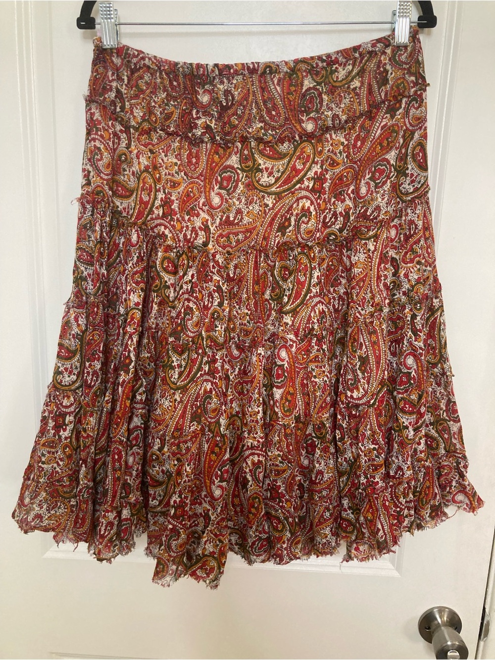 Tiered Paisley Midi Skirt Size S Boho Lined Red Gold Cotton Hippiecore
